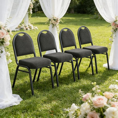 Stackable Banquet Dining Chairs 4 Pack, Upholstered Crown Back Event Chairs with Black Fabric Seat, Heavy Duty Steel Frame, 300 lb Capacity, No Assembly, for Restaurant Wedding Conference