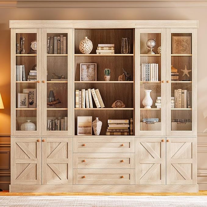 ivaniti 71" Tall Farmhouse Kitchen Pantry Cabinet, Brown Wood Hutch with Glass Doors, 3 Drawers & Adjustable Shelves, Large Storage Cabinet for Dining Room & Living Room, Set of 3