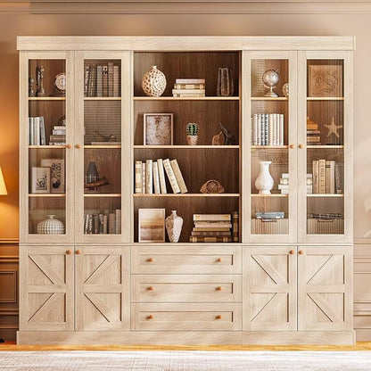 ivaniti 71" Tall Farmhouse Kitchen Pantry Cabinet, Brown Wood Hutch with Glass Doors, 3 Drawers & Adjustable Shelves, Large Storage Cabinet for Dining Room & Living Room, Set of 3