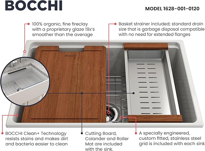 BOCCHI Contempo Workstation Apron Front Step Rim Fireclay 27 in. Single Bowl Kitchen Sink with Accessories in White