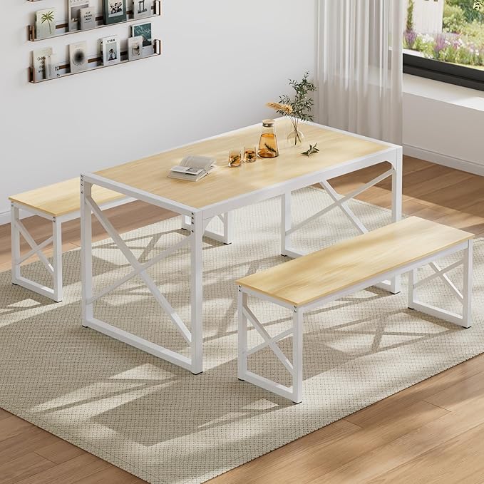 VECELO Kitchen Dining Table Benches Set for 4/6, 55" Wooden Dinette with 2 Benches, Large Embedded Desktop for Small Space, Breakfast Nook, Natural Oak
