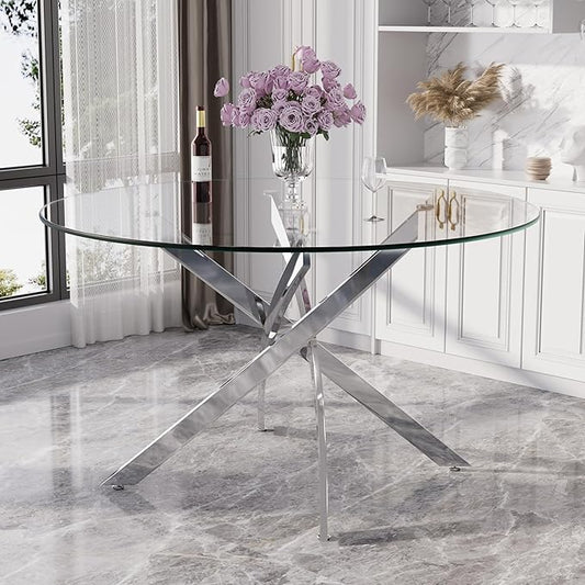 47" Modern Minimalist Round Glass Dining Table,4-Person Luxury Table with Tempered Glass Top & Adjustable Chrome Legs for Dining Room, Kitchen & Living Room(Silver)