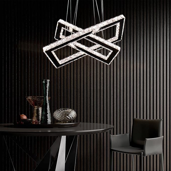 Dimmable Crystal Chandelier, Modern Rectangular 2 Ring LED Pendant Light with Remote & App Control, 20.5"+17" Adjustable Hanging Height, 3 CCT 2500K/4500K/6500K, Kitchen Island Dining Room