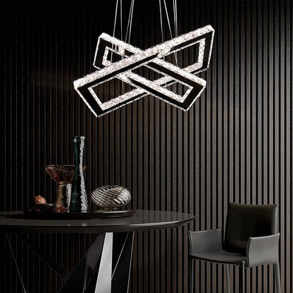 Dimmable Crystal Chandelier, Modern Rectangular 2 Ring LED Pendant Light with Remote & App Control, 20.5"+17" Adjustable Hanging Height, 3 CCT 2500K/4500K/6500K, Kitchen Island Dining Room