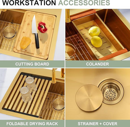 33x22 Inch Gold Drop In Kitchen Sink, 16 Gauge 304 Stainless Steel Sink, Topmount Workstation Kitchen Sink Single Bowl, Large Deep Gold Sink with Ledge & Full Accessories