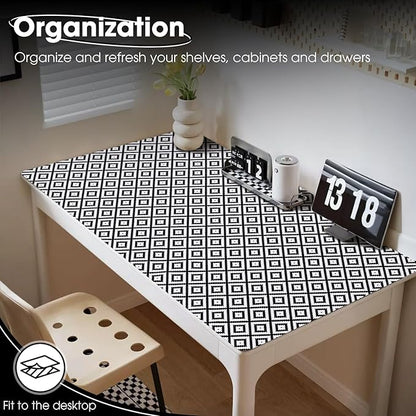 Drawer and Shelf Liner, Non-Slip Kitchen Cabinet Liners Non-Adhesive Thick Strong Grip Waterproof Washable Mats Protect Dresser Shelves Cupboard Bathroom Cabinets, Black & White, 12 in X 30 FT