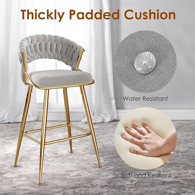 25.2" Velvet Counter Stool with Gold Accents, Ergonomic Plush Seat for Kitchen Island Bar