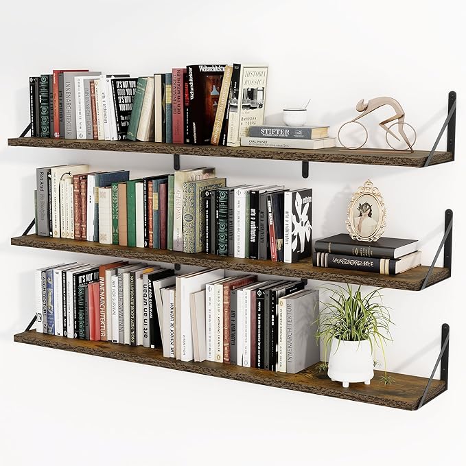Heimlove Floating Book Shelves for Wall,47.2 Inches Long Wall Mounted Bookshelves,Heavy Duty Bracket Shelves for Living Room Kitchen,Laundry Room Storage & Decor,Set of 3,Rustic Brown