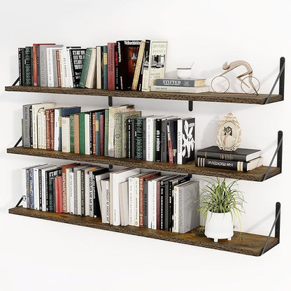 Heimlove Floating Book Shelves for Wall,47.2 Inches Long Wall Mounted Bookshelves,Heavy Duty Bracket Shelves for Living Room Kitchen,Laundry Room Storage & Decor,Set of 3,Rustic Brown