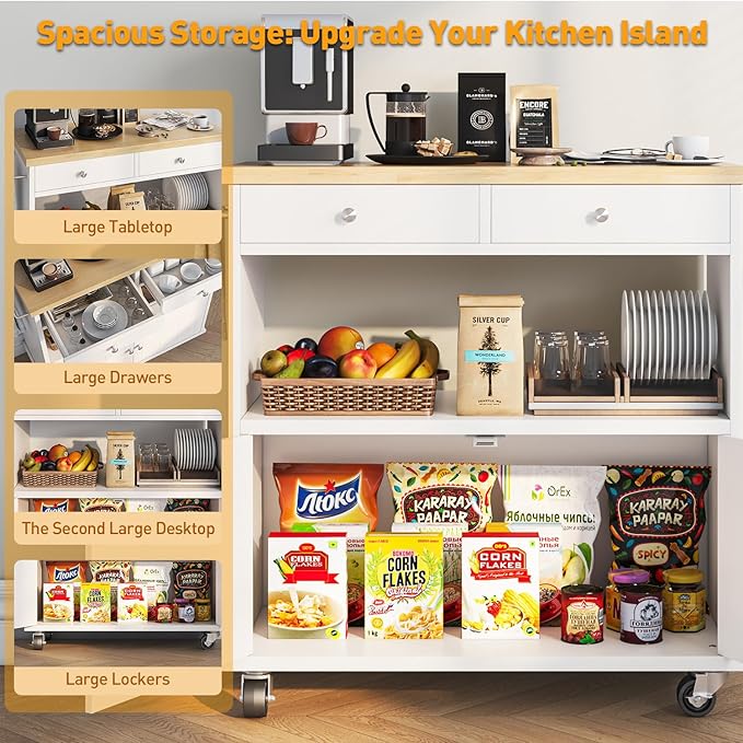 knoworld Rolling Kitchen Island with Storage Cabinet, 35.4'' Width Kitchen Cart, 2 Drawers Island Table, Portable Mobile Kitchen Island with Towel Rack, Wood Top and Lockable Wheels, White