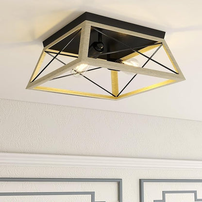 Pia Ricco 2-Light Flush Mount Ceiling Light, Rustic Industrial Farmhouse Square Fixture for Porch, Patio, Kitchen, Hallway, Entryway，Cream White