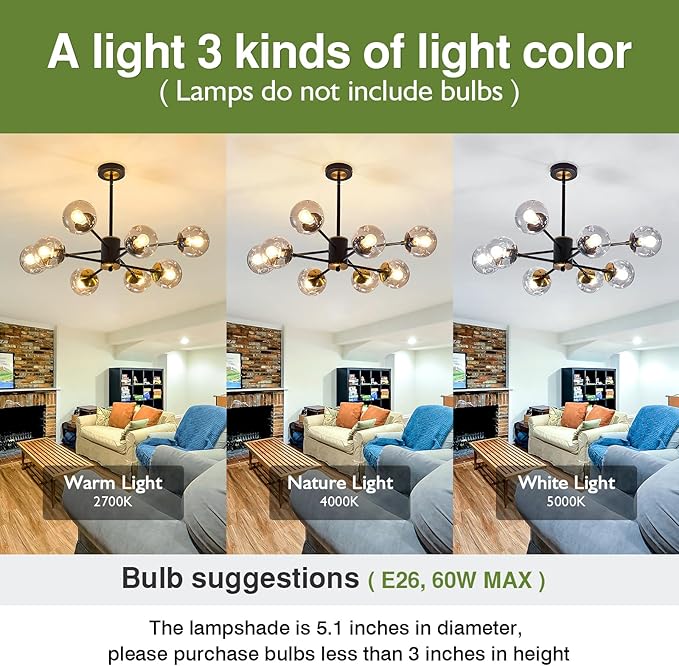 SZXYKEJI 8 Light Chandelier Pendant Lighting Black with Glass Globes Classic Vintage Sputnik Ceiling Light Fixture for Kitchen Living Room Dining Room Bedroom Farmhouse..