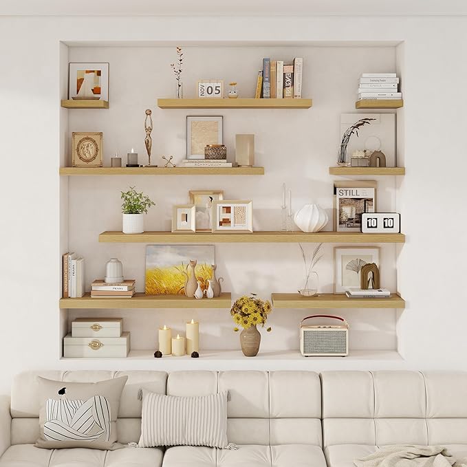 Fun Memories 12 Deep Floating Shelves for Wall, 48W x 12D Extra Large Floating Shelves Set of 2, Hanging Wood Wall Shelves for Living Room, Kitchen, Bedroom, Farmhouse, Laundry Room, Office - Oak