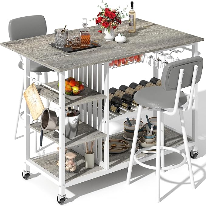Recaceik Small Kitchen Island Table for 2 with Storage & Seating, Drop Leaf Dining Table Set for Small Space (Grey)