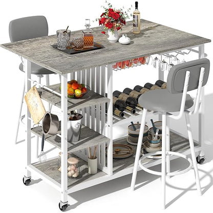 Recaceik Small Kitchen Island Table for 2 with Storage & Seating, Drop Leaf Dining Table Set for Small Space (Grey)