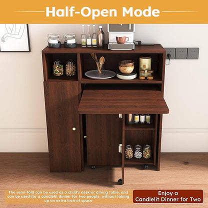 Multifunctional Folding Convertible Space-Saving Table Sideboard Cabinet Tabletop Desk Buffet Hutch Storage Shelving Cupboard Mobile Island Charger Outlets USB Wheels Locking Expandable (Walnut)