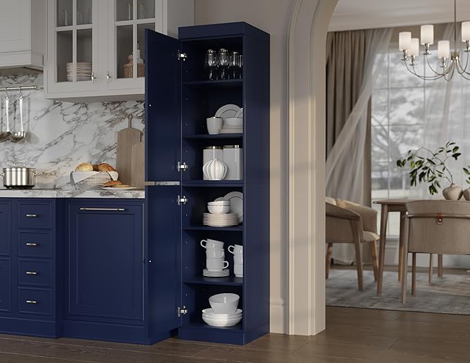 Palace Imports Solid Wood Kitchen Pantry - Narrow Storage Cabinet - Shaker Doors, Adjustable Shelves, Navy Blue, 16.5" Wide x 71.5" Tall, 100% Eco-Friendly Wood, Modular Pantry Cabinet Systems