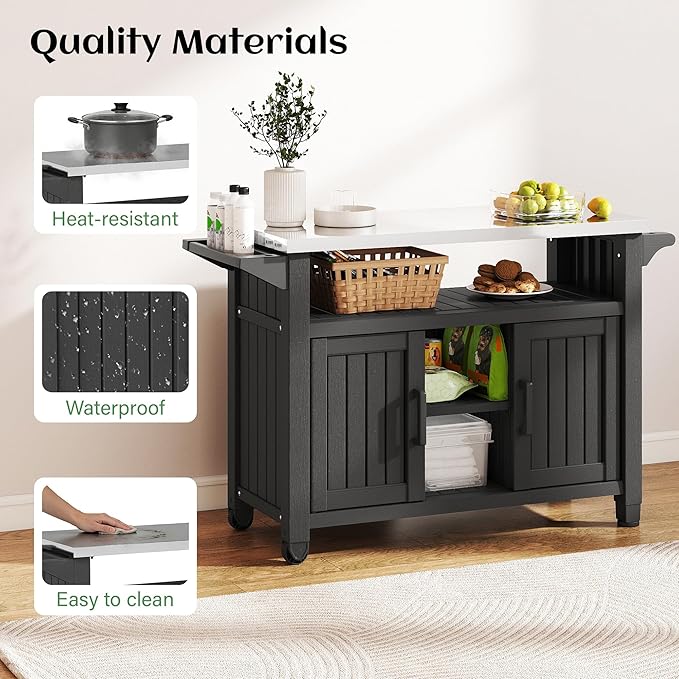 Bifanuo Resin Outdoor Kitchen Island with Stainless Steel Top & Storage Cabinet for Kitchen Prep, Weatherproof Outdoor Grill Table/Cart for BBQ Food Prep, Black