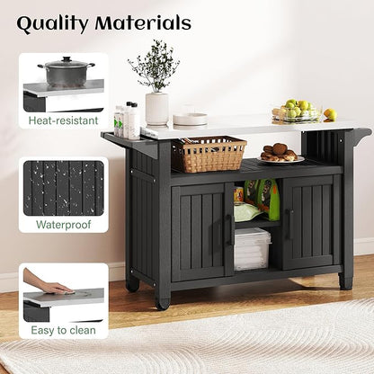 Bifanuo Resin Outdoor Kitchen Island with Stainless Steel Top & Storage Cabinet for Kitchen Prep, Weatherproof Outdoor Grill Table/Cart for BBQ Food Prep, Black
