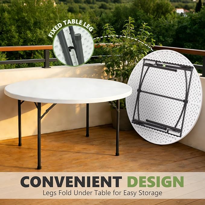 60" Folding Round Table, Plastic Dinner Table, Portable Folding Banquet Table for Living Room, Party or Outdoor Event, White