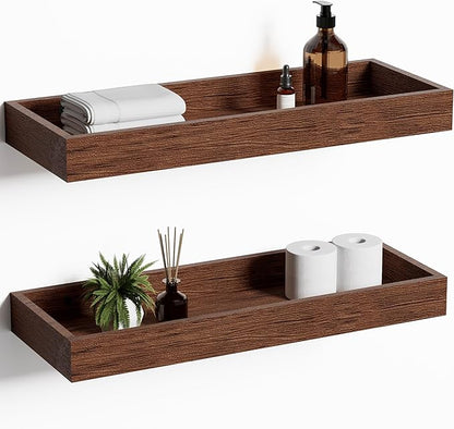 Floating Shelves for Wall, Wooden Wall Shelves for Bedroom Living Room Kitchen, Modern and Rustic Bathroom Shelves with Raised Lip, Decor Floating Shelf for Storage (Walnut-Like,2 Set,15.7 in)