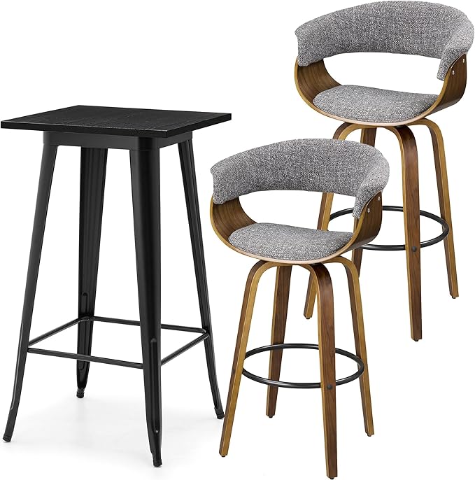 Glitzhome Bar Table and Chairs, Black Fabric Adjustable Swivel Bar Stools Set of 2, Square Black Cocktail Pub Table for Kitchen Island Bistro Office Living Room Dining Room Small Space Restaurant