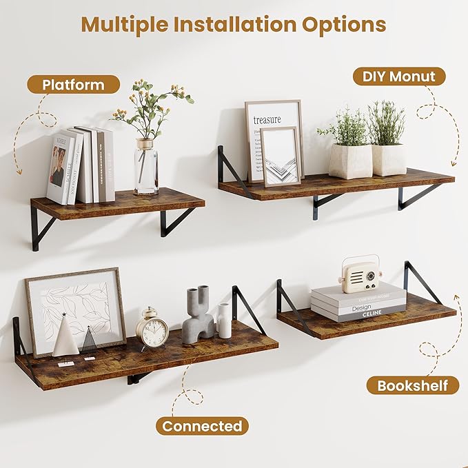 Acovy Deep Floating Shelves,24" Wx10 D Floating Shelf for Wall Set of 2,Hanging Storage Shelf with Metal Brackets,Wide Display Wall Shelves for Living Room,Bedroom,Bathroom,Kitchen,Rustic Brown