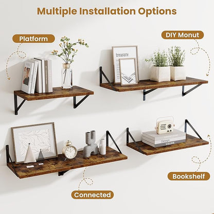 Acovy Deep Floating Shelves,24" Wx10 D Floating Shelf for Wall Set of 2,Hanging Storage Shelf with Metal Brackets,Wide Display Wall Shelves for Living Room,Bedroom,Bathroom,Kitchen,Rustic Brown