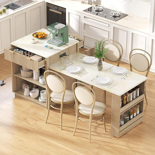 JIJIWANG 82.6" Fluted Kitchen Island with Extendable Dining Table for 4-6, Island Table for Kitchen with Power Outlet, Kitchen Table with Double-Side Storage, 2 Drawers 2 Side Open Shelves, Natural