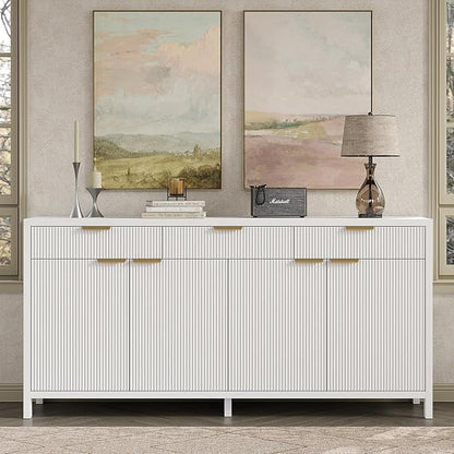 Yanosaku 66" W Fluted Buffet Cabinet, Sideboard Storage Cabinet with 3 Drawers & 2 Cabinets, Mid-Century Coffee Bar Table for Living Room, Dinning Room, White