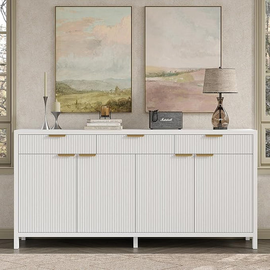 Yanosaku 66" W Fluted Buffet Cabinet, Sideboard Storage Cabinet with 3 Drawers & 2 Cabinets, Mid-Century Coffee Bar Table for Living Room, Dinning Room, White