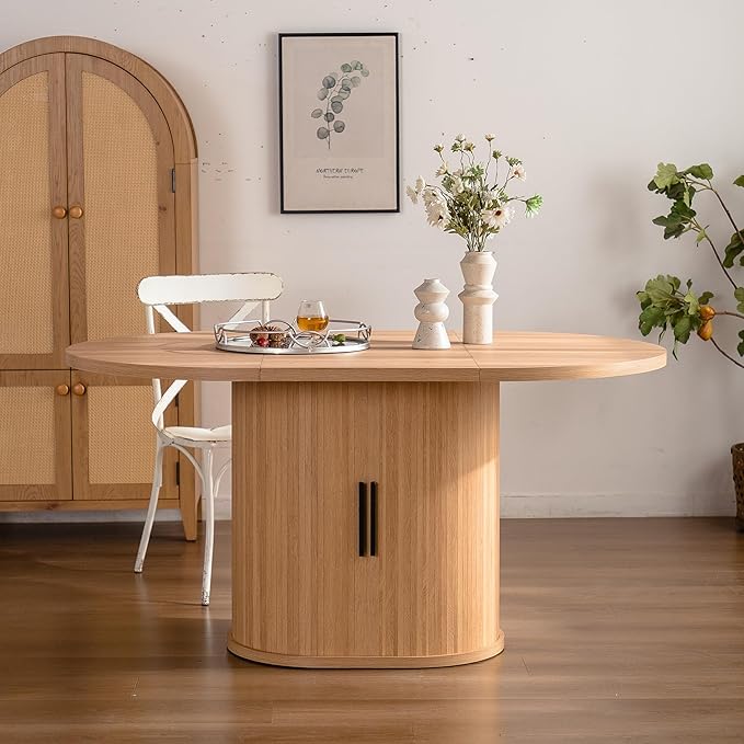 59 inch Oval Dining Table for 4-6 People, Modern Farmhouse Oval Kitchen Table with 2 Tier Storage Shelf, Sliding Cabinet Door, Space Saving Wooden Dinner Table for Kitchen Dining Room Living Room