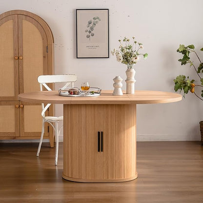 59 inch Oval Dining Table for 4-6 People, Modern Farmhouse Oval Kitchen Table with 2 Tier Storage Shelf, Sliding Cabinet Door, Space Saving Wooden Dinner Table for Kitchen Dining Room Living Room