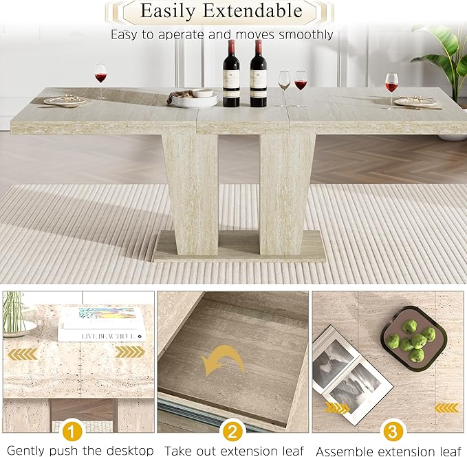 Goujxcy 9-Piece Extendable Dining Table Set for 8, 63-78 Inch Faux Travetine Kitchen Table Set with 8 Beige Upholstered Chairs Modern Wood Expandable Dining Room Table Set for Kitchen Apartment