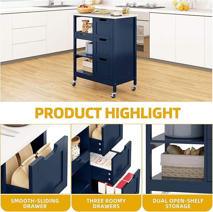 DWVO Solid Wood Top Rolling Kitchen Island Cart, 3 Tier Mobile Kitchen Storage Island Cart with 3 Drawers and 3 Opening Storage Shelves for Kitchen & Dining Area, Navy Blue