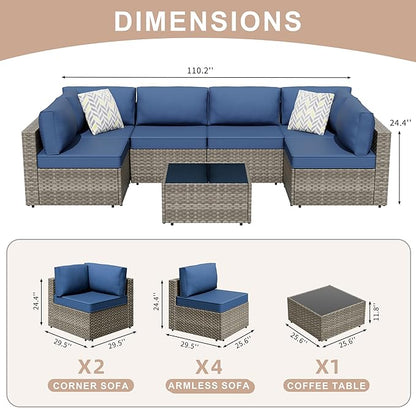 JAMFLY 7-Piece Outdoor Patio Furniture Set, Modular PE Rattan Sectional Sofa with Thick Cushions & Glass Coffee Table for Poolside, Balcony, Garden(Blue Cushion)