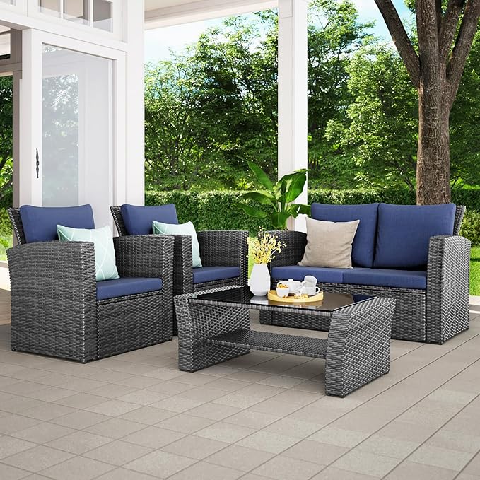 Wisteria Lane Patio Furniture Set, Wicker Outside Outdoor Furniture for All Weather, Patio Sofa with High Backrest Support and Wide Armrest for Backyard, Balcony, Deck, Porch, Blue