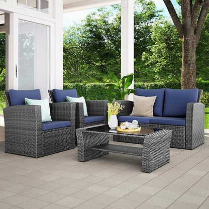 Wisteria Lane Patio Furniture Set, Wicker Outside Outdoor Furniture for All Weather, Patio Sofa with High Backrest Support and Wide Armrest for Backyard, Balcony, Deck, Porch, Blue