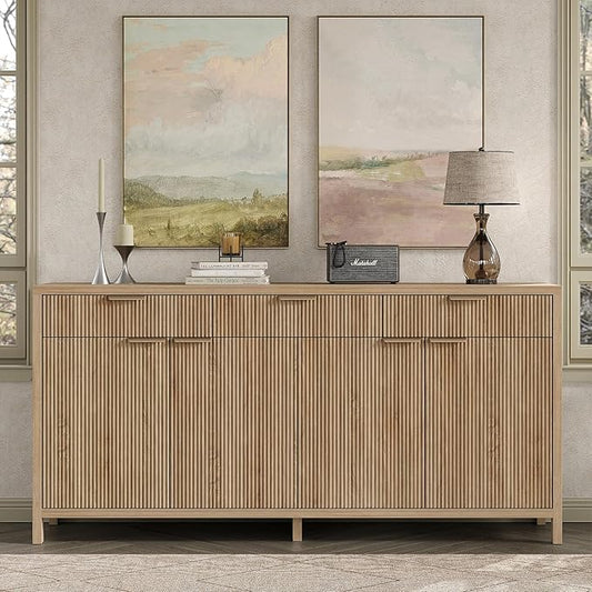 Yanosaku 66" W Fluted Buffet Cabinet, Sideboard Storage Cabinet with 3 Drawers & 2 Cabinets, Mid-Century Coffee Bar Table for Living Room, Dinning Room, Natural
