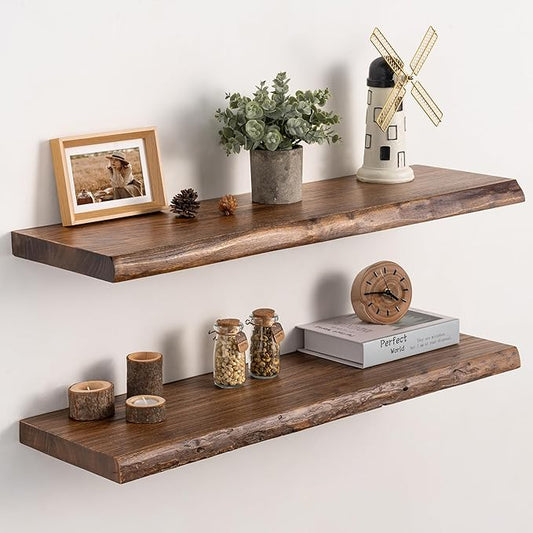 Live Edge Floating Shelves Set of 2, 32 Inch Solid Elm Wood Wall Shelves - Invisible Bracket Mount for Living Room, Bedroom, Kitchen, Bathroom | Vintage Rustic Decor