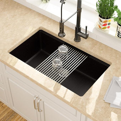 Lordear 32 Inch Black Granite Composite Kitchen Sink 32x19 Inch Workstation Quartz Undermount Kitchen Sinks Under Counter Single Bowl