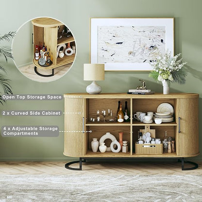 HUAHUU Sideboard Buffet Cabinet with Storage, 54.3" Fluted Tambour, Adjustable Shelves, Mid Century Modern Console for Living Room Kitchen