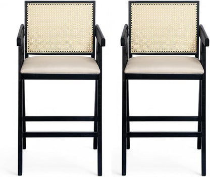 Modern Dining Chairs,Sturdy Rubberwood Frame with Woven Cane Backrest,Set of 2,Stylish Simple Natural Design,Applicable To Front Porch,Outdoor Lounge,Kitchen Island Bar Stools,Versatile Use,BlackNatur