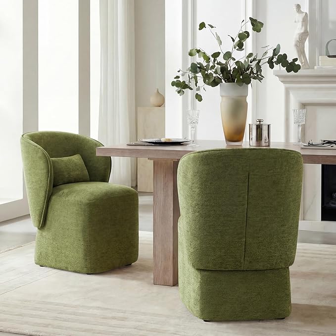 KISLOT Upholstered Dining Chairs with Wheels, Easy Assembly Stain Resistant Fabric Modern Barrel Armchair with Lumbar Cushion, Dining Room Chairs for Kitchen Living Room Bedroom, Green, Set of 2