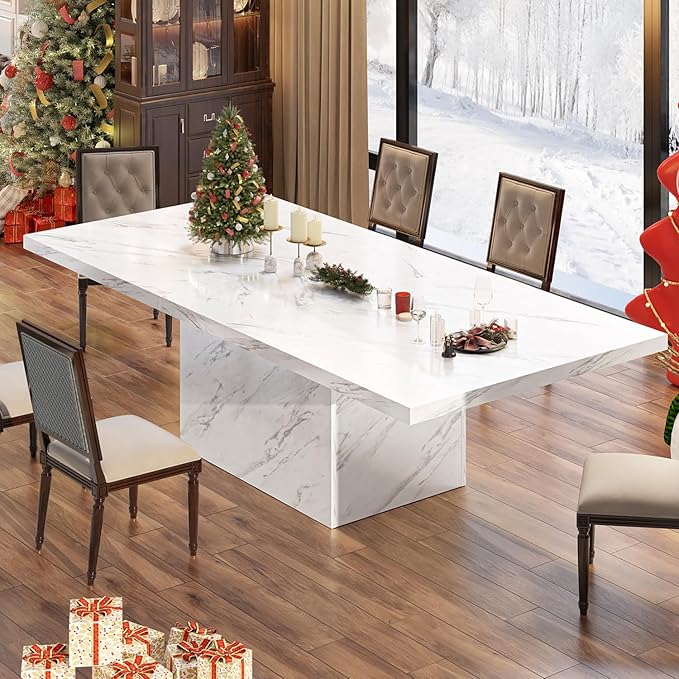 HSH 71” White Faux Marble Dining Table, Rectangle Modern Dinner Kitchen Table for 6-8, Farmhouse Long Kitchen Furniture for Living Room, Industrial Wood Dining Room Table with Sturdy Base