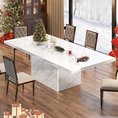 HSH 71” White Faux Marble Dining Table, Rectangle Modern Dinner Kitchen Table for 6-8, Farmhouse Long Kitchen Furniture for Living Room, Industrial Wood Dining Room Table with Sturdy Base