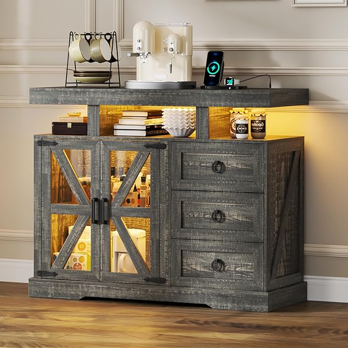 HNEBC LED Farmhouse Sideboard Buffet Cabinet with Storage, Wood Coffee Bar Station Table w/Charging Station, Large Kitchen Storage Cabinet w/Adjustable Shelf and 3 Drawers (Dark Rustic Oak)