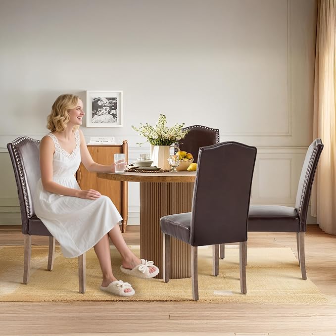 Upholstered Dining Chair Modern Stylish Parsons Kitchen Diner High Back with Silver Nailhead Trim & Wood Legs, Set of 2, PU Leather Dark Brown