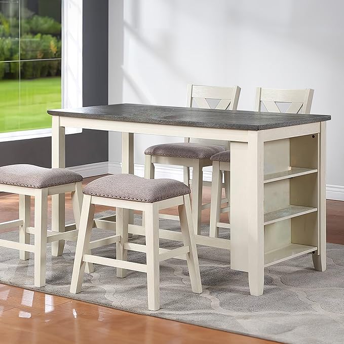 Benjara Joss 60 Inch Cottage Counter Height Table, 2 Tone Wood, Gray Top Cream Base