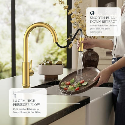 FORIOUS Kitchen Faucets with Pull Down Sprayer, Gold Classic Single Handle Stainless Steel High Arc Faucet for Kitchen Sink, 1Hole with Deck Plate, Sink Faucet for Bar RV Farmhouse Outdoor Laundry